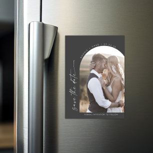 Modern Boho Arch Grått Bröllop Photo Save Date Magnetisk Inbjudningskort