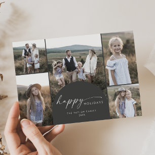 Modern Boho Arch Grått Multi Photo Family Julkort