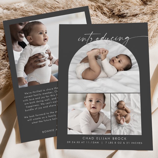 Modern Boho Arch | Grått Photo Collage Birth Meddelande (Skapare uppladdad)