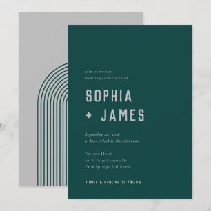 Modern Boho Arch Grönt Grått Typography Bröllop Inbjudningar