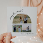 Modern Boho Arch Grönt Merry & Married Three Photo Julkort<br><div class="desc">Gratulera till årstidens glädje med den här moderna boho arch-grönten och gifta dig med tre fotokort. Det unika och redigerbara skriptet för chic skapar en aning charm och individualitet. Dess enkla, elegant svartvita utformning, med en klassisk bohemisk ram, framkallar en viskös vinter-ambians. Det minimala och delikata festiva teckensnittet ger kreativitet...</div>