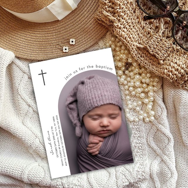 Modern Boho Arch Kor Baby-fotobaptism Inbjudningar (Modern Boho Arch Cross Baby Photo Baptism Invitation)