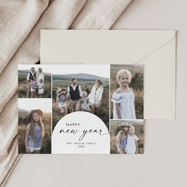 Modern Boho Arch Multi Photo New Years Julkort (Skapare uppladdad)