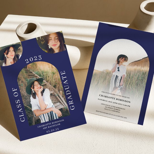 Modern boho arch navy blue 4-foto studenten inbjudningar (Skapare uppladdad)
