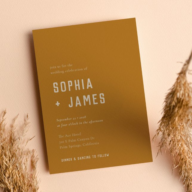 Modern Boho Arch Ochre Orange Typography Bröllop Inbjudningar (Skapare uppladdad)