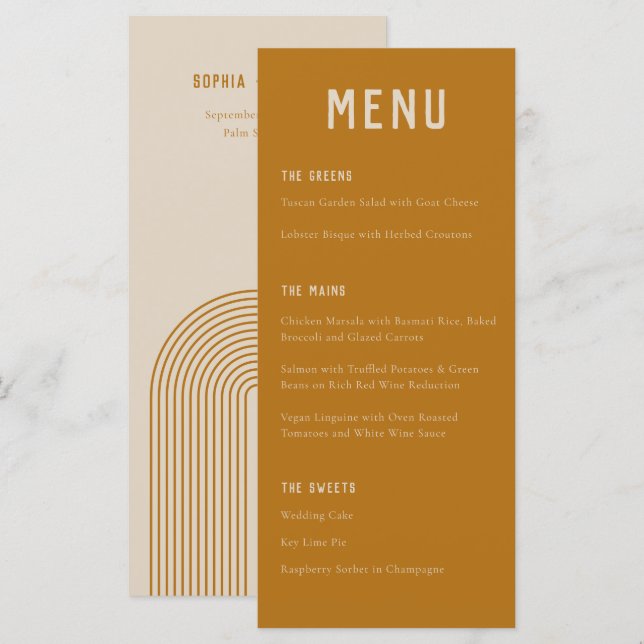 Modern Boho Arch Ochre Orange Typography Bröllop Meny (Fram/baksida)