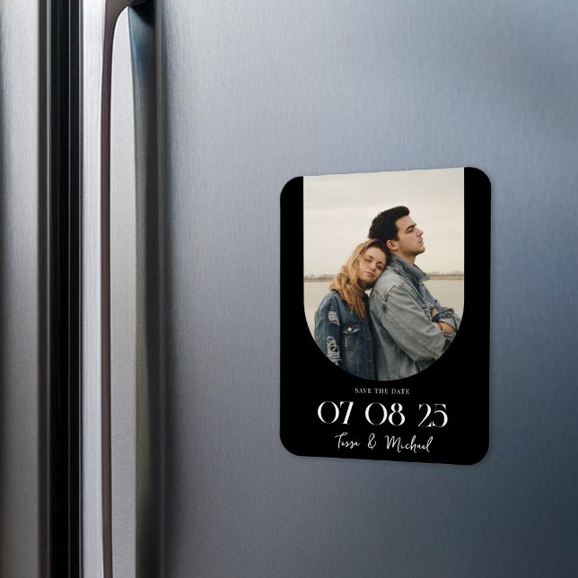 Modern Boho Arch Photo Black Vit Spara datum Magnet (Skapare uppladdad)