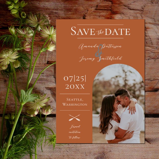 Modern Boho Arch Photo | Bränd Orange Spara Datumet (Modern Arch Photo Save the Date - Burnt Orange)