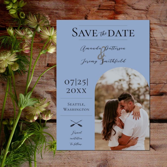 Modern Boho Arch Photo | Dusty Blue Spara Datumet (Modern Arch Photo Save the Date - Dusty Blue)