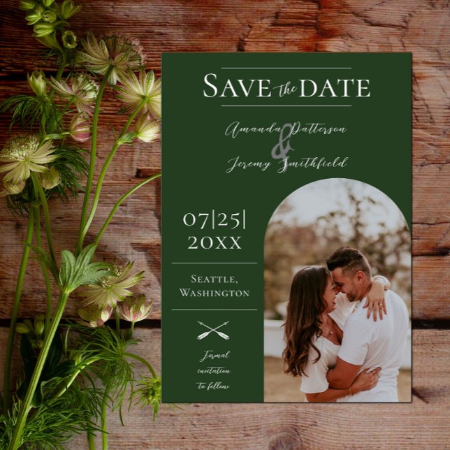 Modern Boho Arch Photo | Emerald Grönt Spara Datumet (Modern Arch Photo Save the Date - Emerald Green)