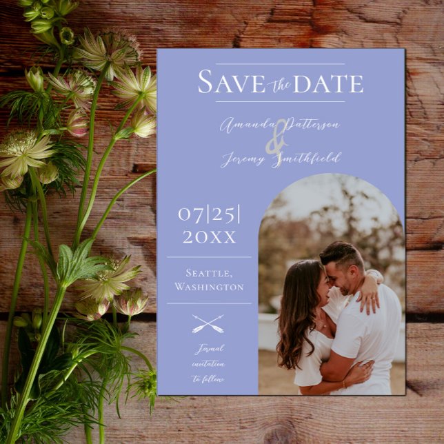 Modern Boho Arch Photo | Periwinkle Spara Datumet (Modern Arch Photo Save the Date - Periwinkle)