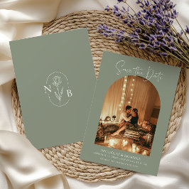 Modern Boho Arch Photo Sage Grönt Bröllop Monogram Spara Datumet