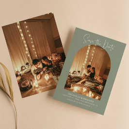 Modern Boho Arch Photo Sage Grönt Simple Bröllop Spara Datumet