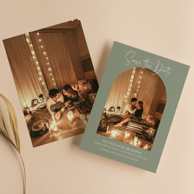 Modern Boho Arch Photo Sage Grönt Simple Bröllop Spara Datumet (Skapare uppladdad)