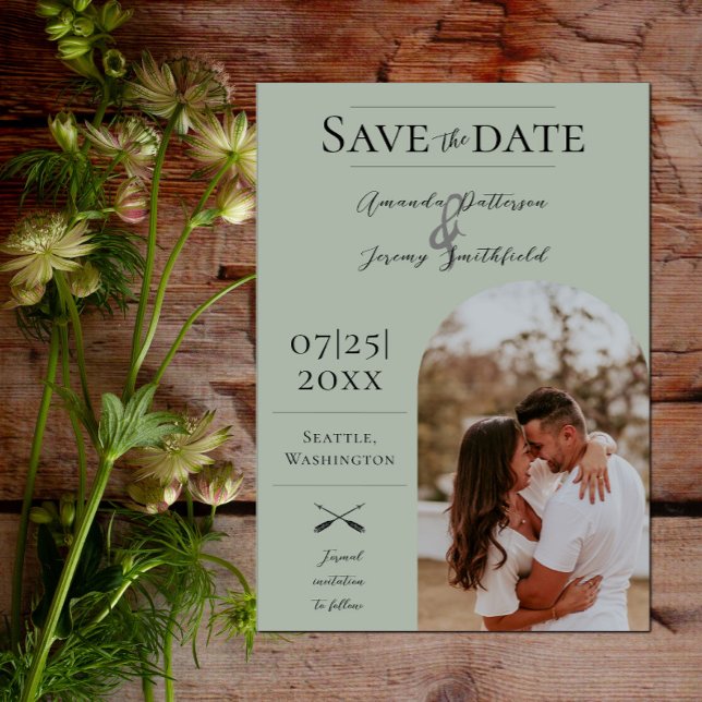 Modern Boho Arch Photo | Sage Grönt Spara Datumet (Modern Arch Photo Save the Date - Sage Green)