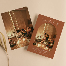 Modern Boho Arch Photo Terracotta Simple Bröllop Spara Datumet