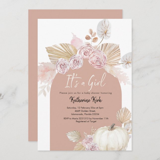 Modern Boho Arch Pumpkin... Det är en flicka Babys Inbjudningar (Fram/baksida)