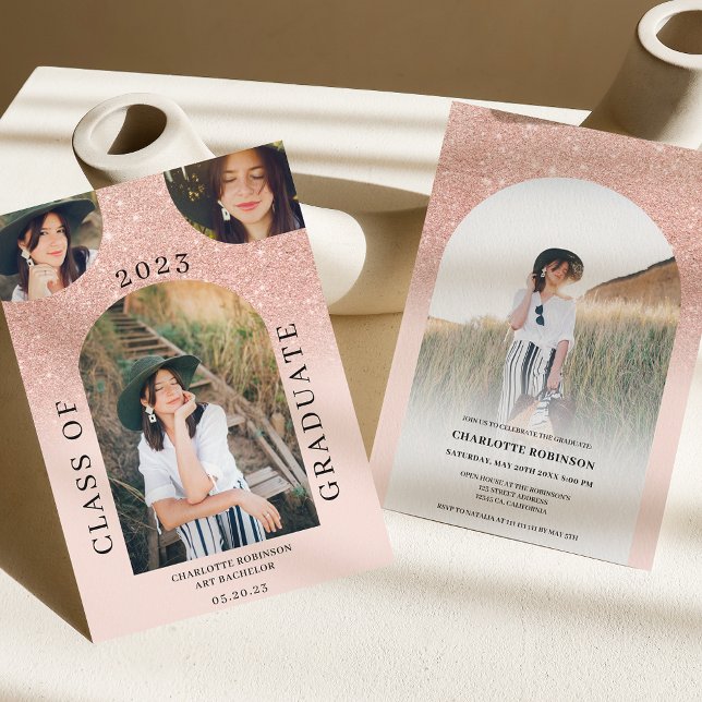 Modern boho arch ro guld rosa 4 foto studenten inbjudningar (Skapare uppladdad)