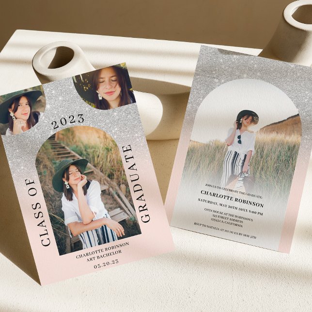 Modern boho arch silver rosa 4 foto studenten inbjudningar (Skapare uppladdad)