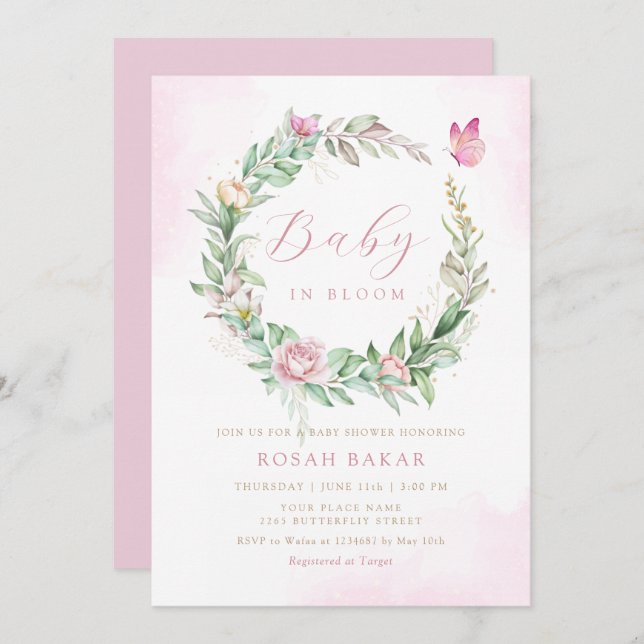 Modern Boho Baby i bloom Blommigt-flickdusch Inbjudningar (Fram/baksida)