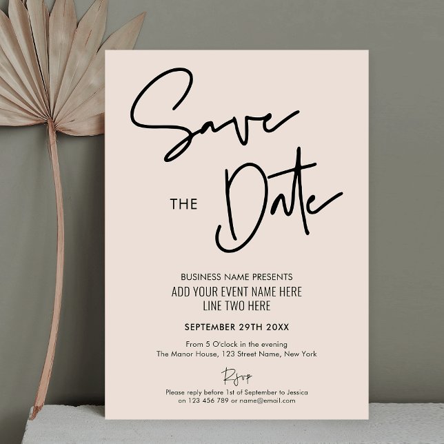 Modern Boho Beige Business Event Spara datum Inbjudningar (Add your event details, customize the colors and make stylish save the date cards for your business)