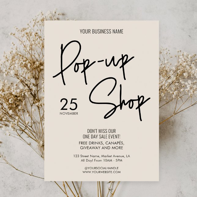 Modern Boho Beige Small Business Pop Up-butikshänd Inbjudningar (Promote your business pop-up shop event with this modern boho inspired market day invitation)