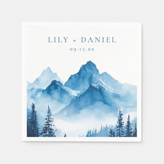 Modern Boho Blå Akvarell Berg Bröllop Pappersservett (Framsidan)