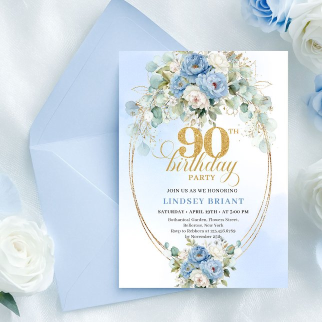 Modern Boho Blå Blommig Guld 90-års Födelsedagsinb Inbjudningar (Modern Boho Blue Floral Gold 90th Birthday Invite)