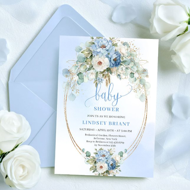 Modern Boho Blå Blommig Guld Bebis Shower Inbjudan (Modern Boho Blue Floral Gold Baby Shower Invitation)