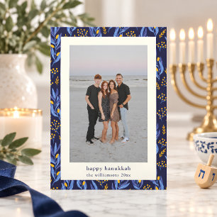 Modern Boho Blå Gul Hanukkah Botanisk Foto Julkort