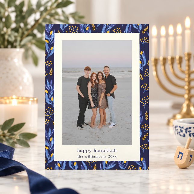 Modern Boho Blå Gul Hanukkah Botanisk Foto Julkort (Skapare uppladdad)
