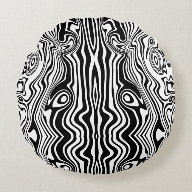 Modern Boho Black and White Mönster Strips Animal Rund Kudde (Framsidan)