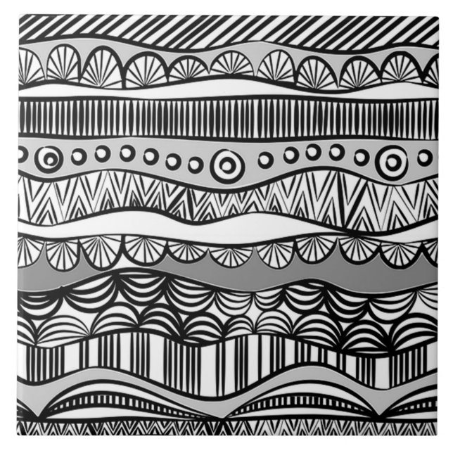 Modern Boho Black and White Mönster Strips Doodles Kakelplatta (Framsidan)