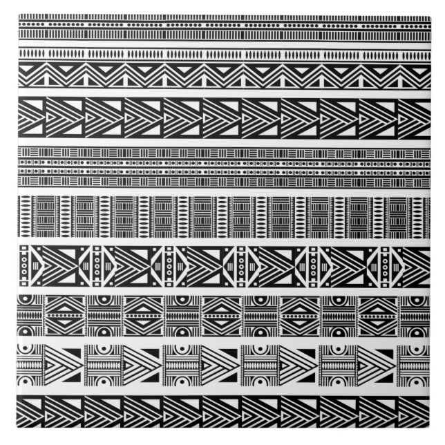 Modern Boho Black and White Mönster Strips Kakelplatta (Framsidan)