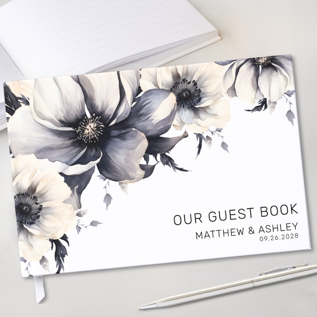 Modern Boho Black White Blommigt Bröllop Gästböcker (Elegant Modern Boho Floral Black White Wedding Guest Book)