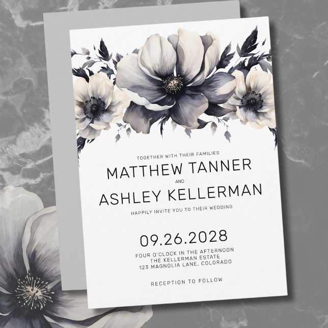 Modern Boho Black White Blommigt Bröllop Inbjudningar (Unique Boho Black White Watercolor Floral Wedding Invitation)