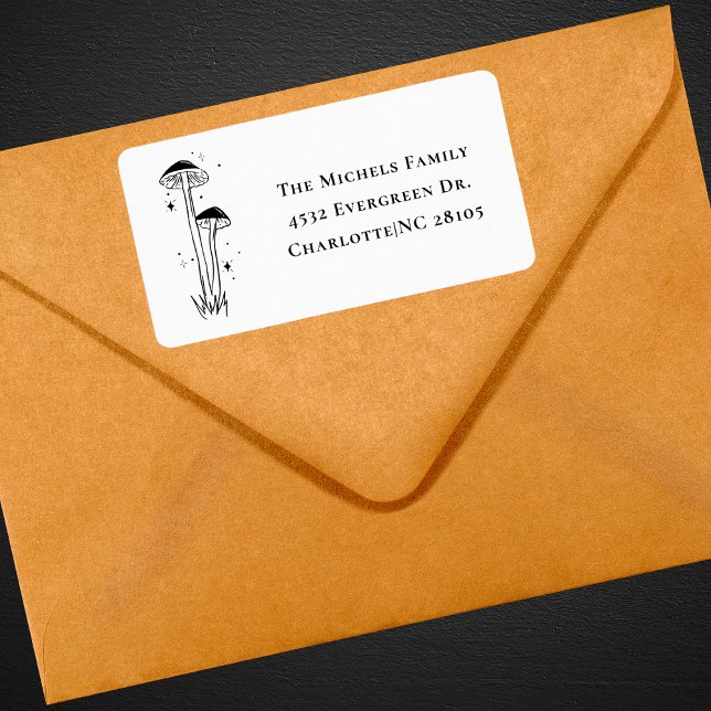 Modern Boho Black & White Retro-svampar Adress Adressetikett (Skapare uppladdad)