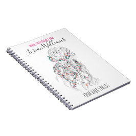 Modern Boho Black White Vågigt Hair Stil Blommigt Anteckningsbok Med Spiral