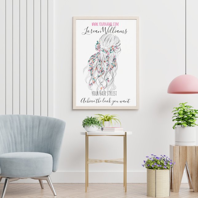 Modern Boho Black White Vågigt Hair Stil Blommigt Poster (Skapare uppladdad)