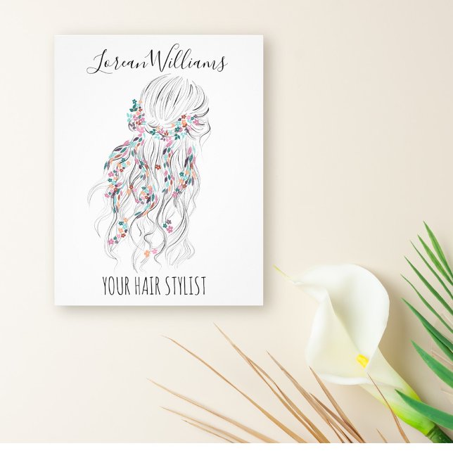 Modern Boho Black White Vågigt Hair Stil Blommigt Reklamblad (Skapare uppladdad)
