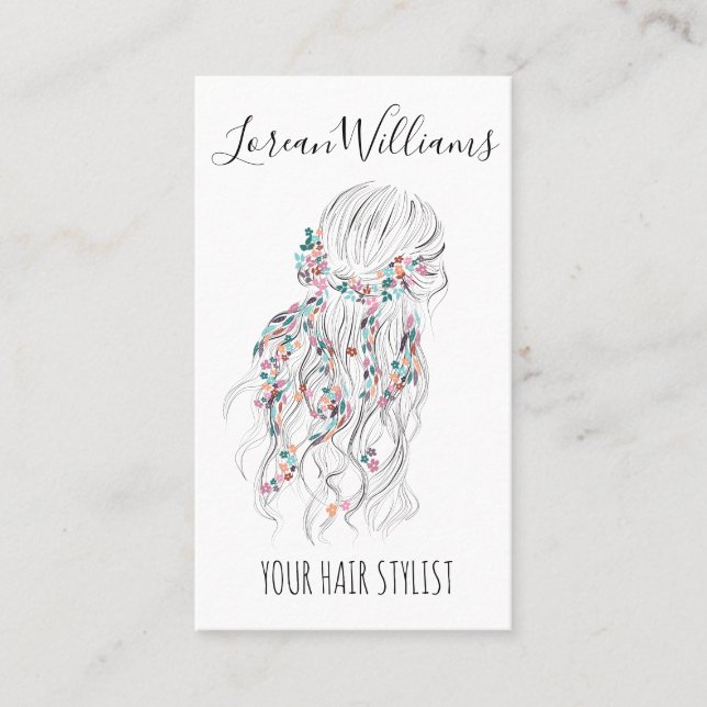 Modern Boho Black White Vågigt Hair Stil Blommigt  Visitkort (Framsida)