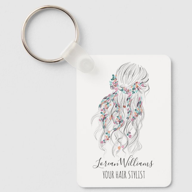 Modern Boho Black White Wavy Hair Style Floral QR Nyckelring (Framsida)