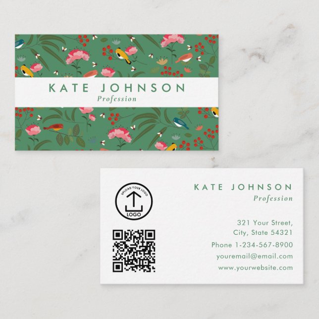 Modern Boho Blommig Fåglar Rosa Grön Färgrik  Visitkort (Fram/baksida)