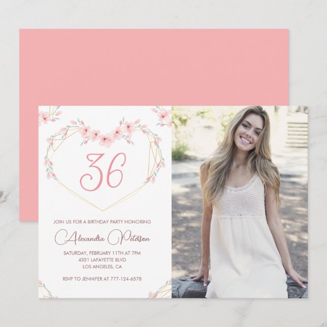 Modern Boho Blommig Foto 36-års födelsedagsinbjuda Inbjudningar (Fram/baksida)