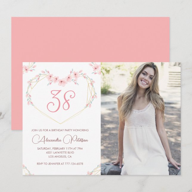 Modern Boho Blommig Foto 38-års födelsedagsinbjuda Inbjudningar (Fram/baksida)