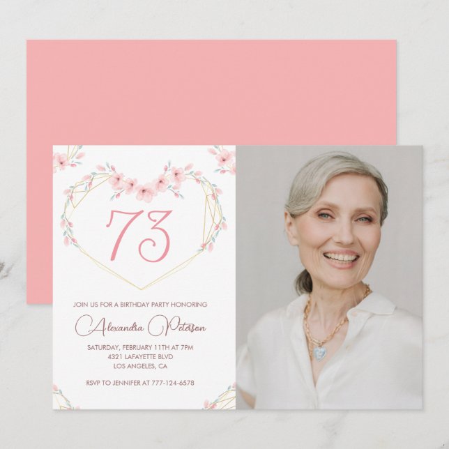 Modern Boho Blommig Foto 73-års födelsedagsinbjuda Inbjudningar (Fram/baksida)