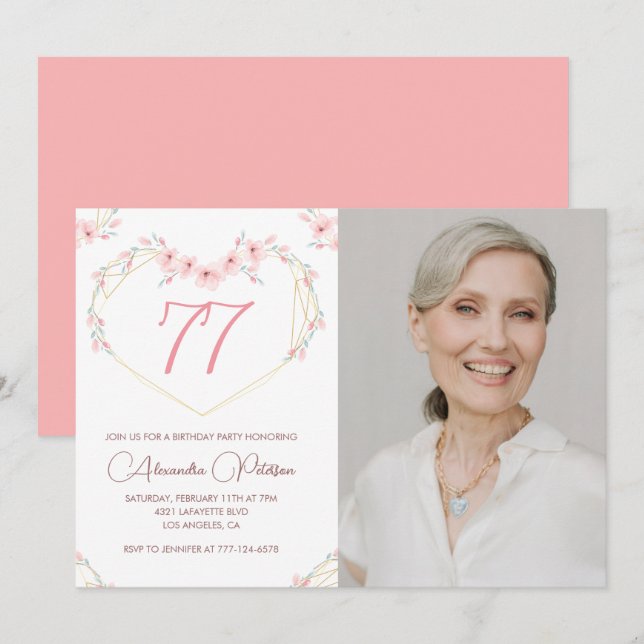 Modern Boho Blommig Foto 77-års födelsedagsinbjuda Inbjudningar (Fram/baksida)