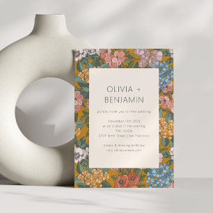 Modern Boho Blommig Gul Grön Jordnära Bröllop Inbjudningar