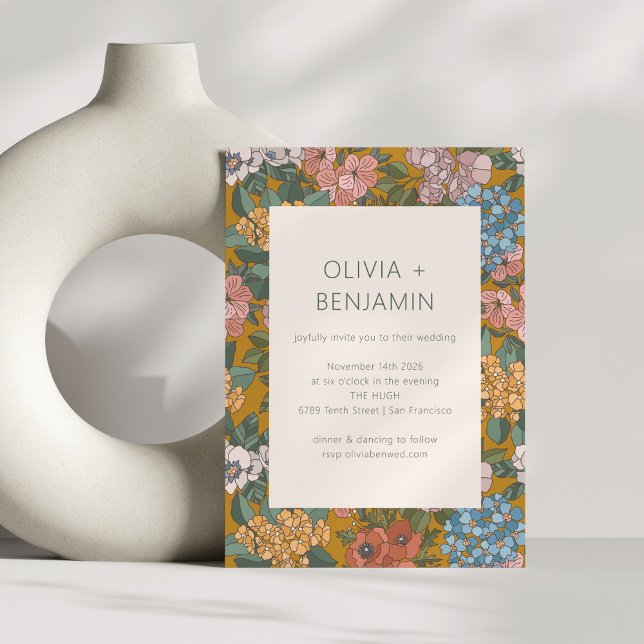 Modern Boho Blommig Gul Grön Jordnära Bröllop Inbjudningar (Skapare uppladdad)