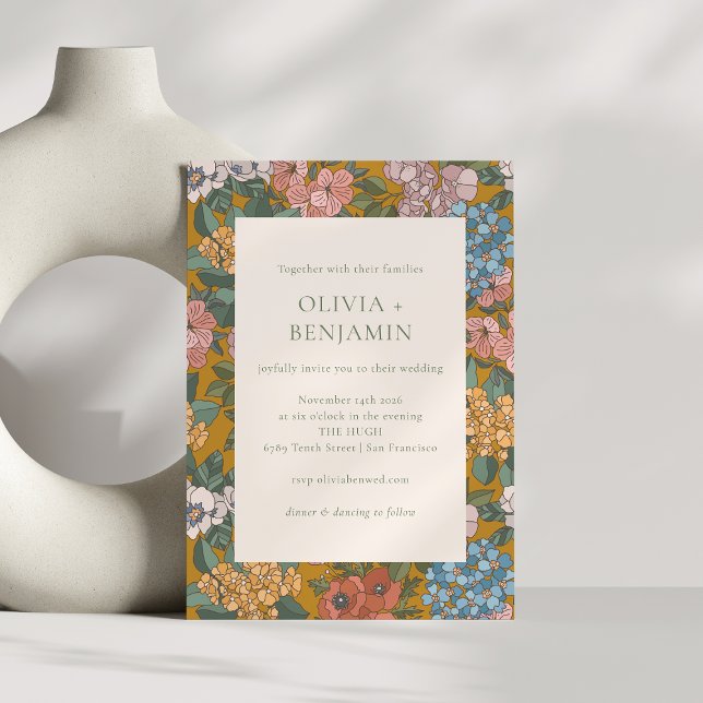 Modern Boho Blommig Mustangul Jordnära Bröllop Inbjudningar (Skapare uppladdad)